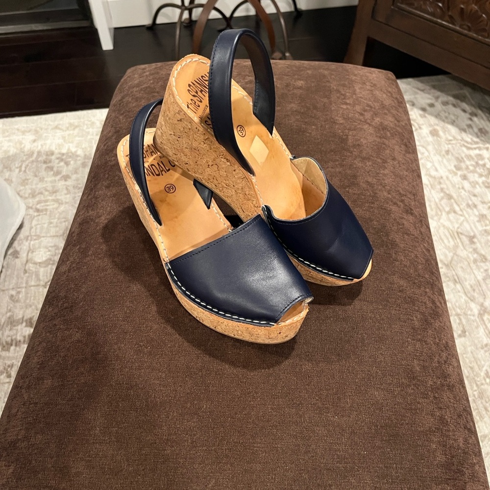 The Spanish Sandal Co. Women’s Leather Cork Wedges Size 39 Navy - Picture 5 of 14